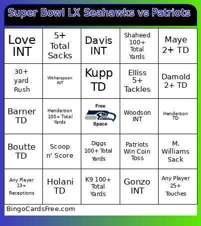 Super Bowl LX Seahawks Vs Patriots Bingo Card