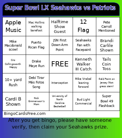 Super Bowl LX Seahawks Vs Patriots Bingo Card