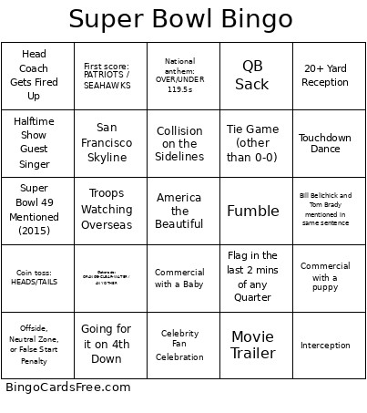 Super Bowl Prop Bets Bingo Card