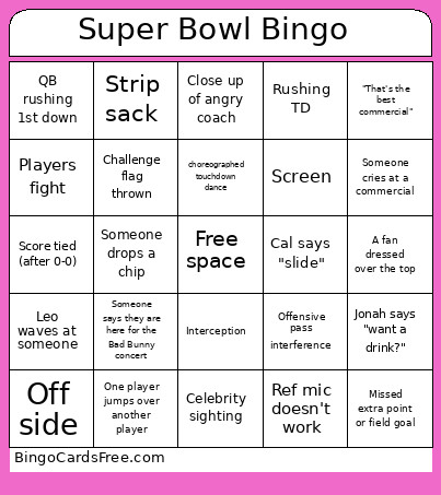 Super Bowl Things Bingo Card