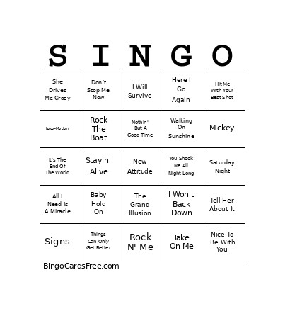 Super Hits Of The 70s & 80s V01 Bingo Card