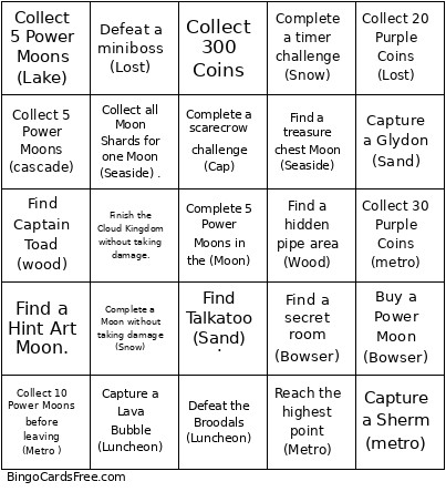 Super Mario Odyssey Bingo Card