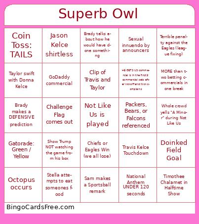SuperBowl Bingo Cards Free Pdf Printable Game, Title: Superb Owl