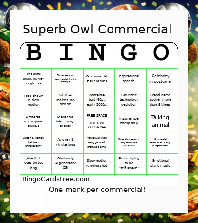 Superb Owl Bingo Card 2