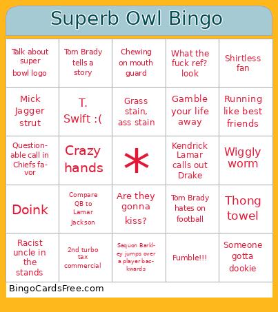 Superb Owl Bingo Cards Free Pdf Printable Game, Title: Superb Owl Bingo
