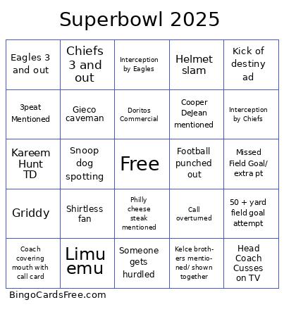 Superbowl 20025 Bingo Cards Free Pdf Printable Game, Title: Superbowl 2025