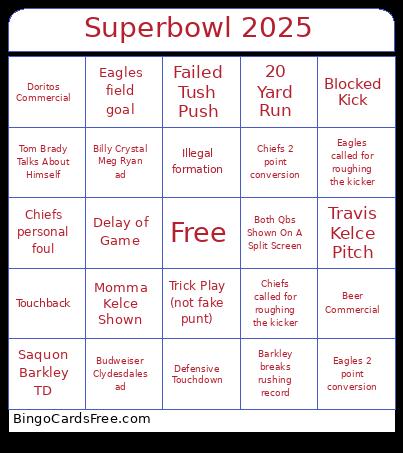 Superbowl 2025 Bingo Card