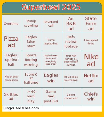 Superbowl 2025 Bingo Card