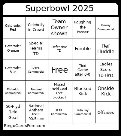 Superbowl25 Bingo Cards Free Pdf Printable Game, Title: Superbowl 2025