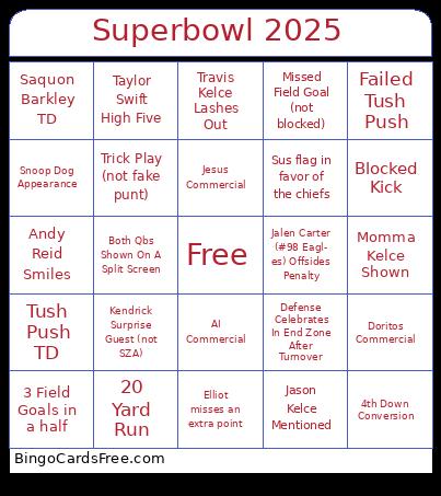 T Super Bowl Bingo Cards Free Pdf Printable Game, Title: Superbowl 2025