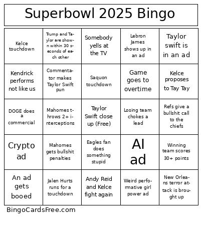 Superbowl bingo  Cards Free Pdf Printable Game, Title: Superbowl 2025 Bingo