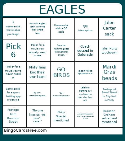 Superbowl 2025 EAGLES Bingo Card