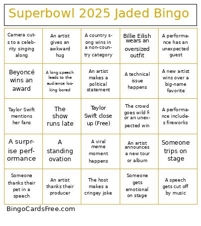Grammys 2025 Bingo Cards Free Pdf Printable Game, Title: Superbowl 2025 Jaded Bingo