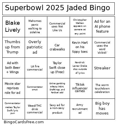 Superbowl 2025 Jaded Bingo Card