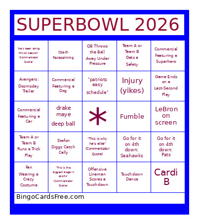 SUPERBOWL 2026 Bingo Card