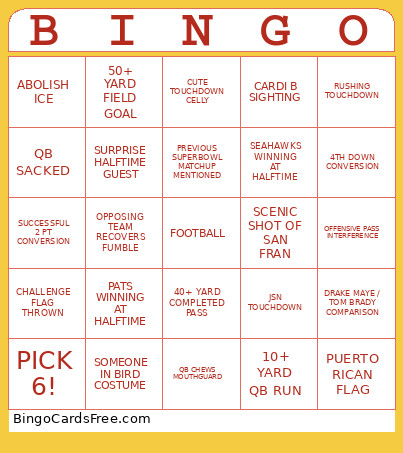 Superbowl 2026 Bingo Card 2