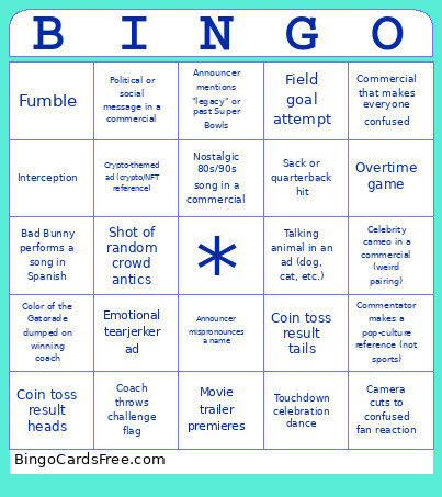 Superbowl 2026 Bingo Card