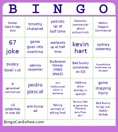 Superbowl 2026 Bingo Card