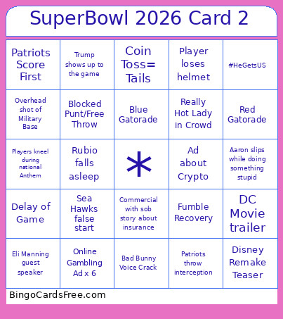 SuperBowl 2026 2 Bingo Card