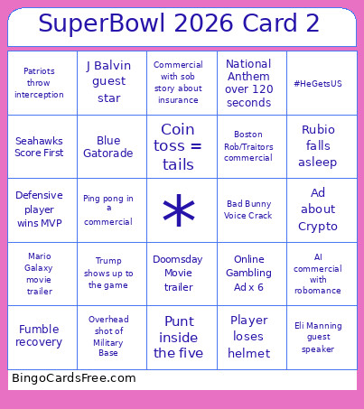 SuperBowl 2026 2 Bingo Card