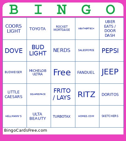 Superbowl 2026 Commercials Bingo Card