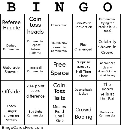 SUPERBOWL 26 Bingo Card