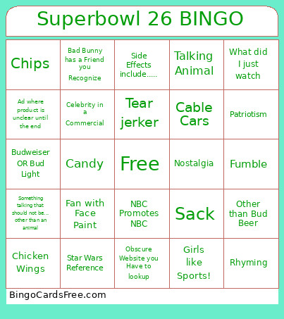 Superbowl 26 Bingo Card