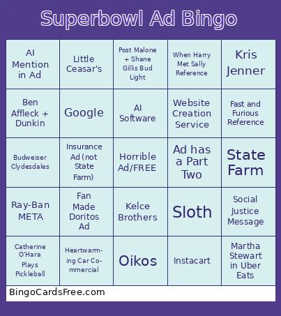 SuperBowl Ads 1 Bingo Cards Free Pdf Printable Game, Title: Superbowl Ad Bingo