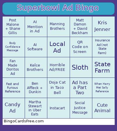 Superbowl Ad Bingo Card 2