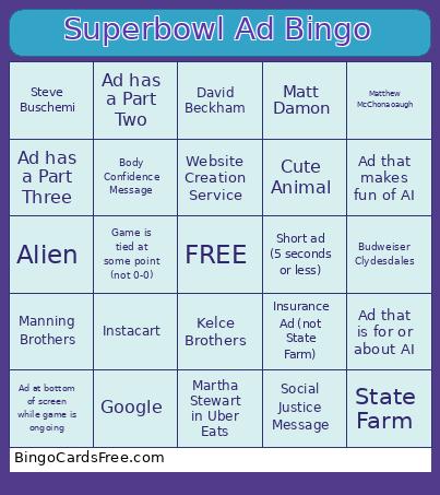 Superbowl Ad Bingo Card