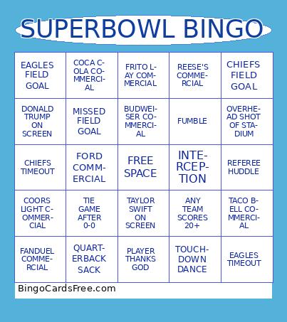 SUPERBOWL 2025 Bingo Cards Free Pdf Printable Game, Title: SUPERBOWL BINGO