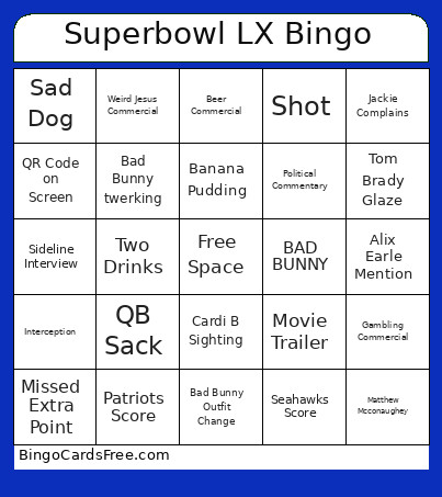 SuperBowl 26 Bingo Card