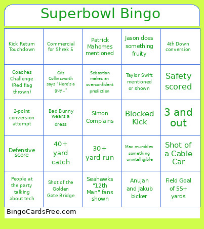 Superbowl Bingo Card