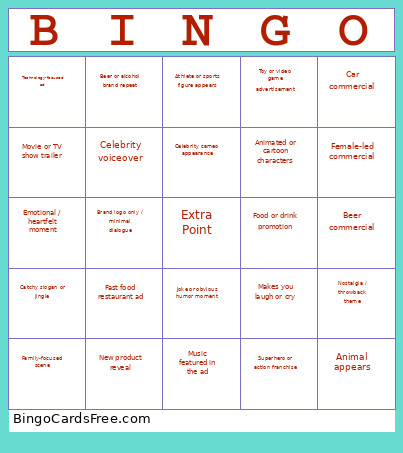 Superbowl Commercial Bingo Card 2