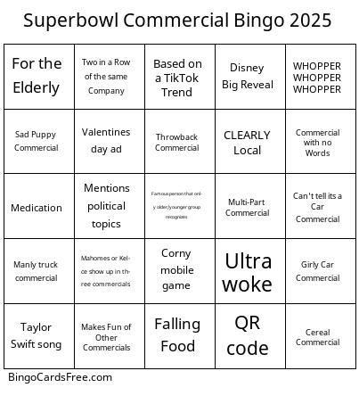 Superbowl Commercial Bingo 2025