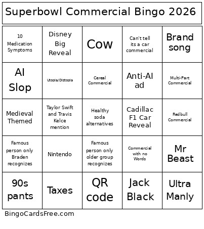 Superbowl Commercial 2025 Bingo Card