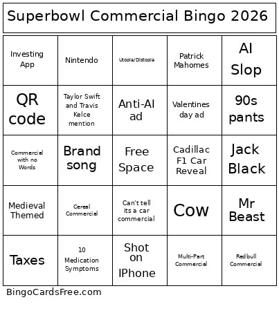 Superbowl Commercial 2026 Bingo Card