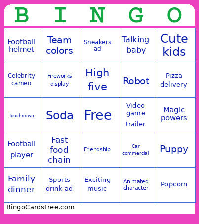 Superbowl Commercial Bingo Card