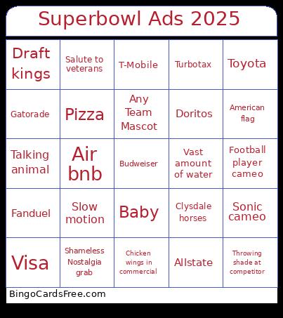 Superbowl Commercials Bingo Card