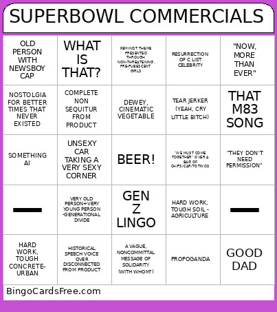 SUPERBOWL COMMERCIALS Bingo Card
