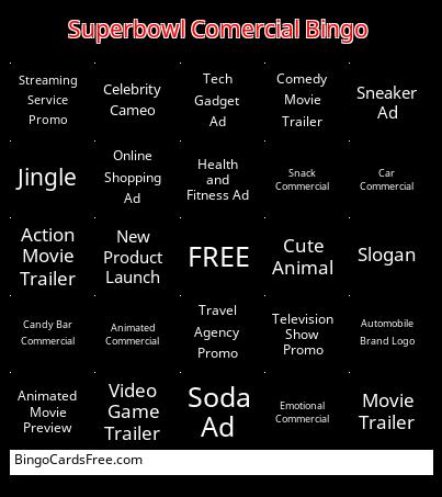 Superbowl Commerical Bingo Cards Free Pdf Printable Game, Title: Superbowl Comercial Bingo