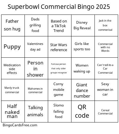 Superbowl Commerical Bingo 2025 Cards Free Pdf Printable Game, Title: Superbowl Commercial Bingo 2025