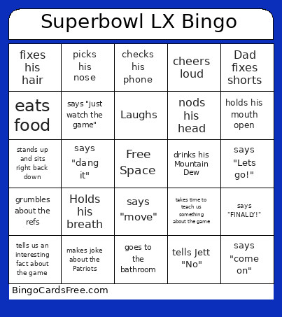 Superbowl Dad Version Bingo Card