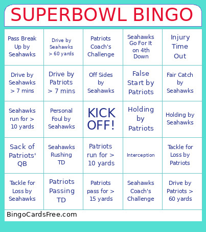 Superbowl Feb 2026 Bingo Card