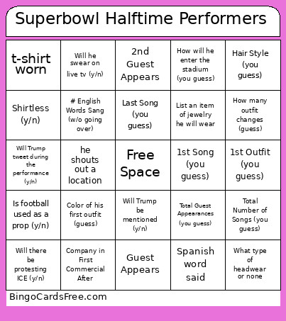 Superbowl Halftime Performers Bingo Card