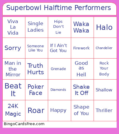 Superbowl Halftime Performers Popular Songs Bingo Card