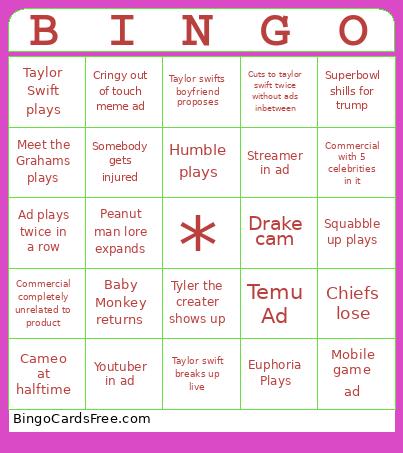 Superbowl Kendixk Bingo Card
