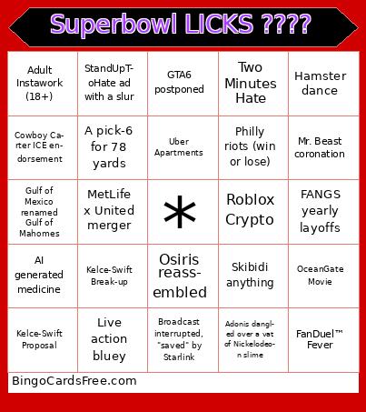 Superbowl LICKS ???? Bingo Cards Free Pdf Printable Game, Title: Superbowl LICKS ????