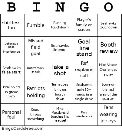 Superbowl Licks Bingo Card