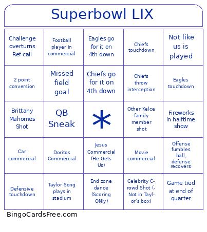 Superbowl LIX Bingo Cards Free Pdf Printable Game, Title: Superbowl LIX
